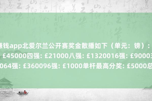 赌钱赚钱app北爱尔兰公开赛奖金散播如下（单元：镑）：冠军: £100000亚军: £45000四强: £21000八强: £1320016强: £900032强: £540064强: £360096强: £1000单杆最高分奖: £5000总奖金：£550400-真实赌钱app下载